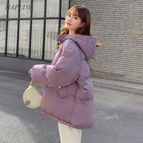 HAPEDY Womens Winter Down Jackets Solid Loose Women Coats Hooded Stand Collar Oversize Korean Style Thick Warm Casual Outerwear