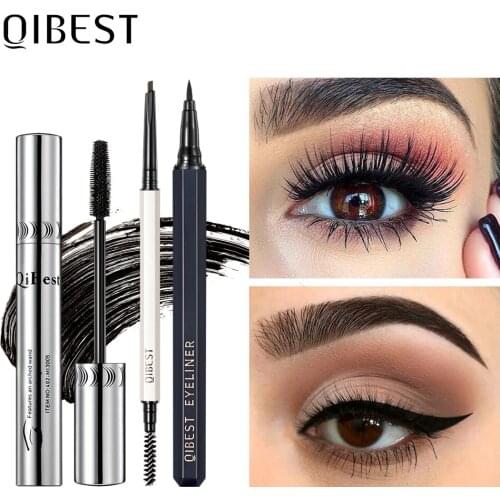 Qibest Eyes Makeup Sets 3Pcs 4D Eyelash Mascara Waterproof Eye Liner Pencil Long Lasting Eyebrow Pencil Eyes Cosmetic Kit