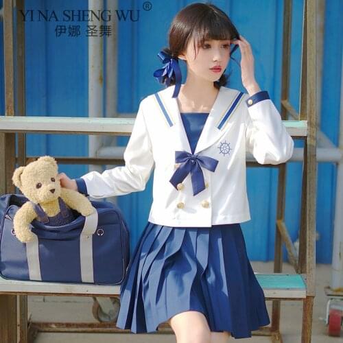 Blue White JK Uniform Summer Long Sleeve Japanese School Uniforms Girls Sailor Sets Pleated Skirt JK Uniform Cosepaly Costume