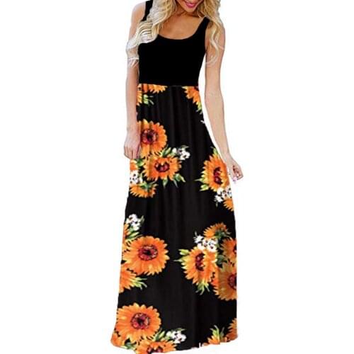 Vintage Women Sunflower Dress Summer Long Dresses Womens Casual Sleeveless O-neck Print Maxi Tank Long Dress Ladeis Vestidos