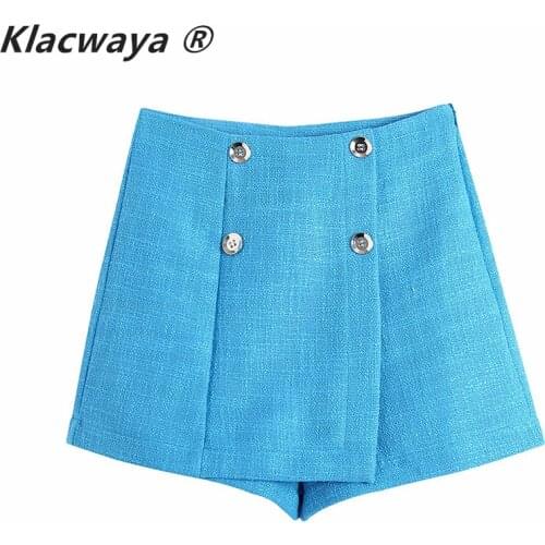 Klacwaya Za Womens 2021 Spring Textured High Waist Double Breasted Button Ornament Short A- Line Blue Short Pants Skirt