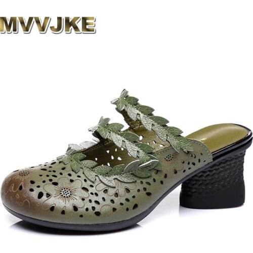 MVVJKE Cowhide Flower Shoes Women Genuine Leather Fashion Sandals Thick Slippers With High Heels Sandals2020New Summer Shoes