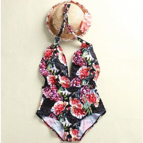 Womens One-Piece Swimsuit Bandage Bikini Push-up Floral Print V Neck Sleeveless Lace Up Backless Bathing Swimwear Halter