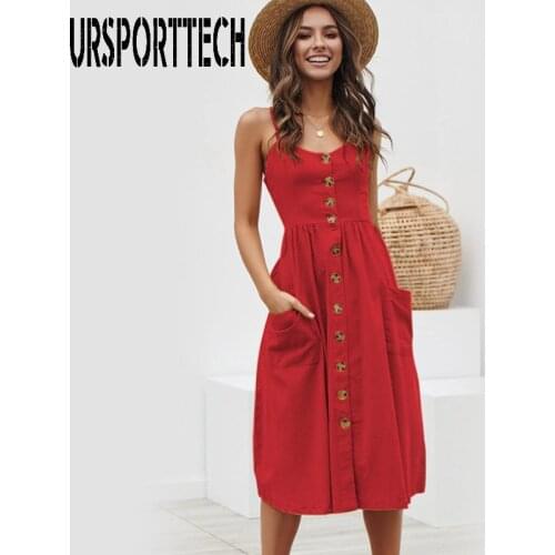 Women Elegant Dress With Pockets Backless Spaghetti Strap Women Sleeveless Beach Dress Summer Casual Button Vestidos Plus Size