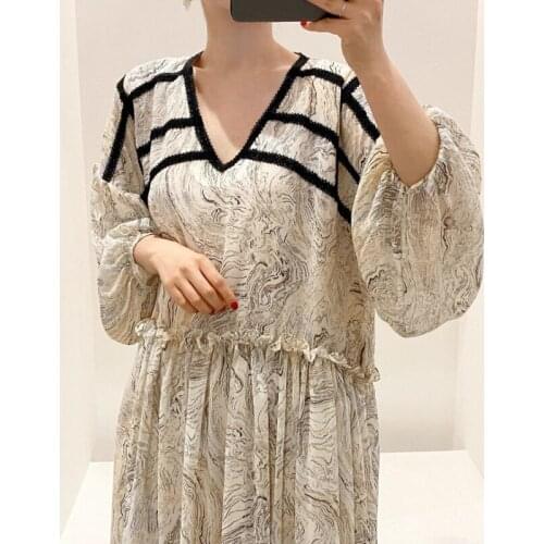 Pinkou Women Stylish Straight Midi Dress French Style Ruffles Print Summer Soft Female Casual Fashion Dresses Mujer QA141