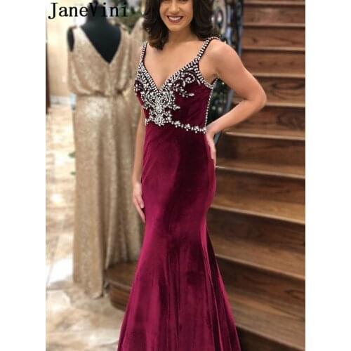 JaneVini African Burgundy Evening Dress Long Plus Size V Neck Beaded Backless Sexy Mermaid Velvet Dresses Evening Robe De Soiree