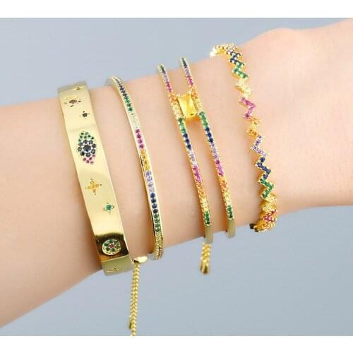 2021 Statement Jewelry Tiny CZ Rainbow Big Cuff Bangl For Women Crystal Gold Charms Bracelet Dainty Link Adjustable For BFF Gift