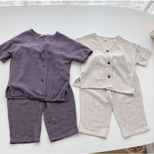 2021 new cotton girls boys 2 pcs set summer cotton linen shirt+pants cool soft kids suit