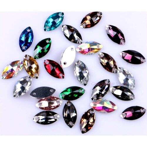 6x12mm 50pcs Leaf Rhinestones Marquise Multi-colored Silver Base Sew On Horse Eye Sewing On Stones Two Holes Sew-On Crystals