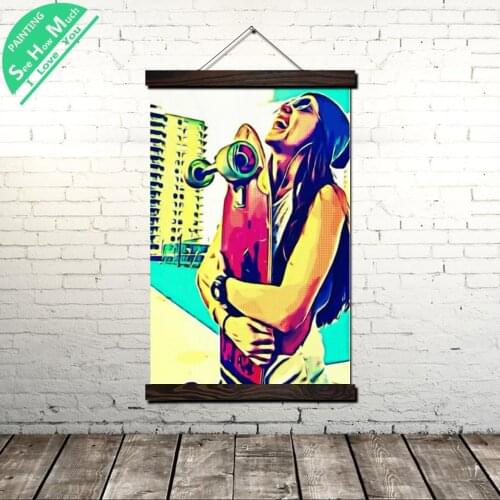 Skateboard Digital Art Cartoon Woman Vintage Poster Scroll Painting Frame Canvas Modern Art Wall Pictures Posters and Prints Liv