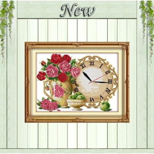 Flowers Vase clock rose decor painting counted print on canvas DMC 14CT 11CT Chinese Cross Stitch Needlework Set Embroidery kits