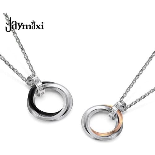 Jaymaxi 3 Circles Pendant Necklace Stainless Steel 50cm Long Rhinestones Men Women Unisex Trendy Jewelry Gift
