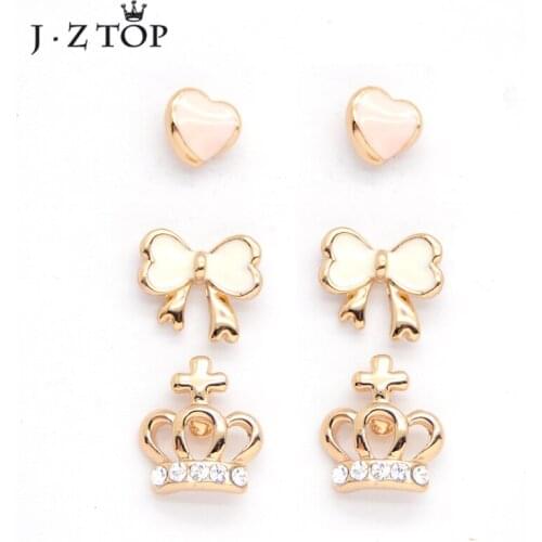 JZTOP New Cute Pink Love Heart Bow Crown Stud Earrings For Women Small Ear Studs Earring 6pc/set Jewelry Party Pendientes Gifts