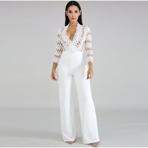 Long Sleeve Sexy Women Culotte Jumpsuit One Piece Elegant Party Evening Cocktail Wedding Wide Leg Romper Lace Hollow Out White