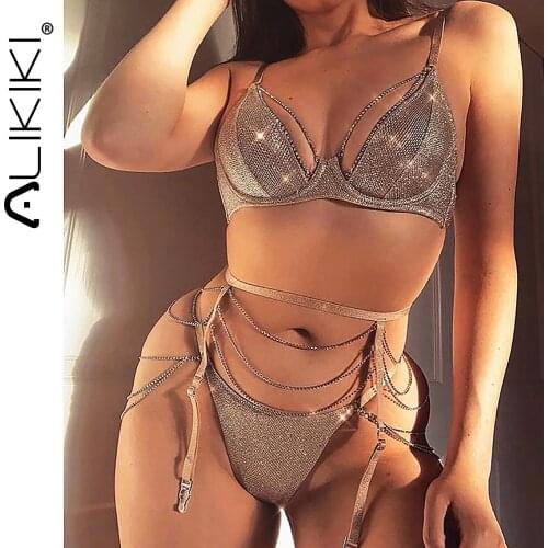 Sparkle Chain Push Up Bra And Panty Set Women Bodycon Intimates Rhinestone Lingerie Set Underwear Bralette Sexy Lace Brief Set