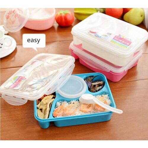 1Pc Bento Lunch Box Fully Sealed Food 4-compartment Bento Box Soup Bowl With Plastic Scoop Pratos Microwave Meal(99)