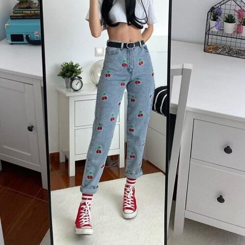 2020 New Korean Japanese Cherry Embroidery Blue jeans Women Denim Pants Casual High Waist Long Trousers Skinny Joggers KZ853