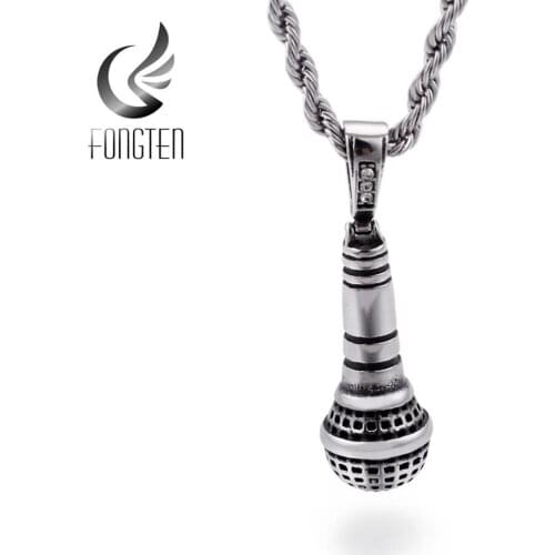 Fongten Retro Microphone Pendant Singer Necklace Men Stainless Steel Choker Chain Punk Hip Hop Music Jewelry Gift