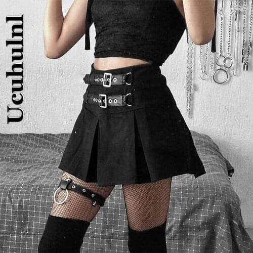 Ucuhulnl Sexy Gothic Mini Skirts Black Grunge Punk Style Pleated High Waist Women Skirt with Rivet Patchwork Fashion Partywear