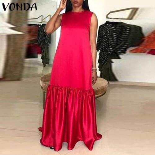 Tank Maxi Dress Women Sexy Holiday Pleated Evening Party Red Dresses 2021 VONDA Casual Vestidos Robe Femme