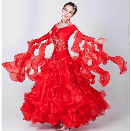 Custom woman big swing pink/red sequins Standard ballroom Dance Dress for waltz/tango/foxtrot performance competition/practice