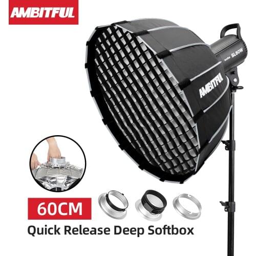 AMBITFUL Portable P60 60CM Quickly Fast Installation Deep Parabolic Softbox + Honeycomb Grid for Bowens Profoto Elinchrom Flash