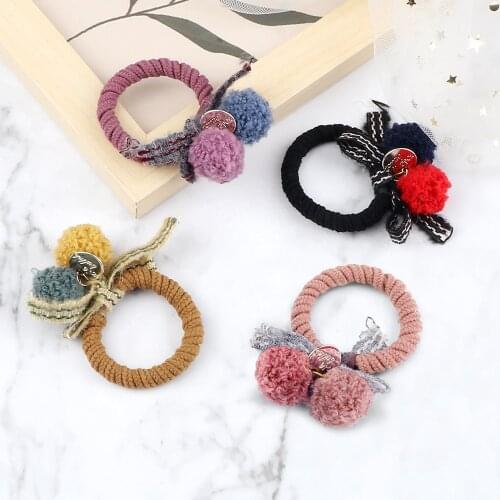 Cute Korean Hair Bands Tie Furry Balls Bowknot Rubber Band Soft Pom Pom Metal Disc Pendant Women Girls Scrunchie Ponytail Holder