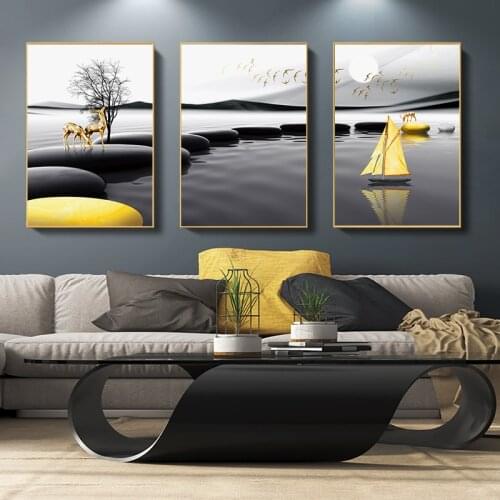 Modern Landscape Poster Black Yellow Boat Deer Wall Art Stone Canvas Painting Nordic Print Pictures for Living Room Decoration