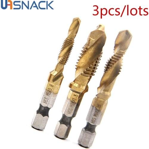 3pcs HSS Wood Drilling Titanium Plated Drill Bits Hex Shank HSS Screw Thread Metric Tap Screw Machine Compound Woodworking Tools