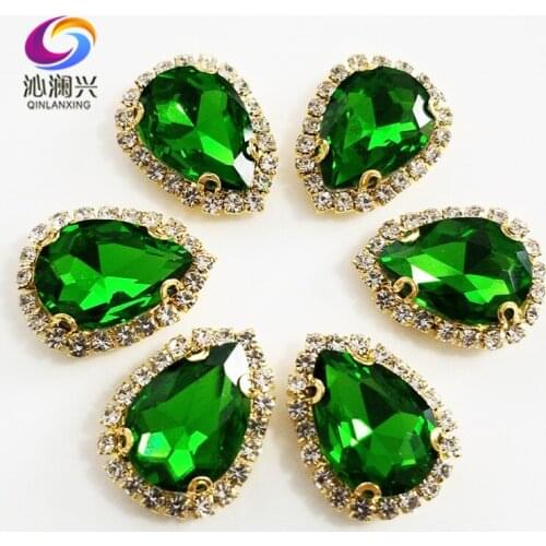 Grass green Golden bottom Top grade Glass Crystal buckle,Drop shape sew on rhinestones,Diy wedding decoration 10pcs/pack SWSK22