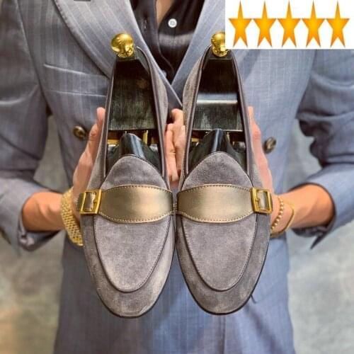 Vintage British Style Men Luxury Loafers Brand Pointed Toe Business Casual Dress Buckle Designer Suede Flat Shoes