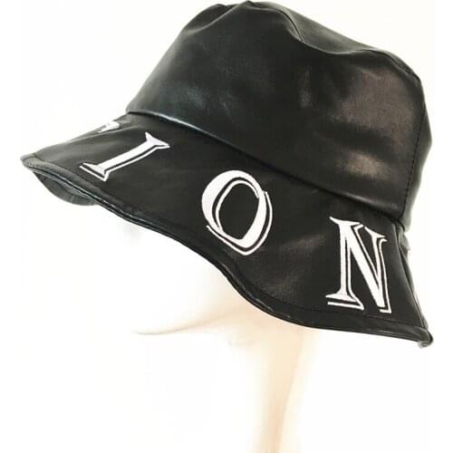 Vintage Embroidered Letter Leather Pot Hat Women Autumn/winter Casual Set Black PU Leather Fisherman Hat Sun Hat