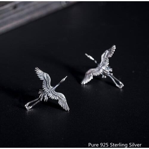 Buyee Ethnic Women Stud Earring Vivid Classic National Temperament Crane Pure 925 Sterling Silver Earring for Women Men Jewelry