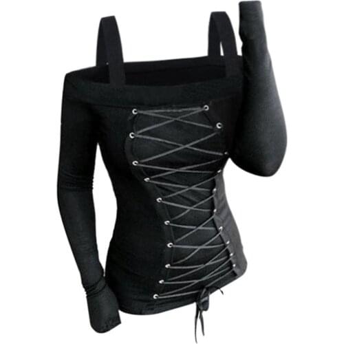 Wipalo Gothic Women Casual T Shirts Cold Shoulder Lace-Up Front Ribbed T-Shirt Solid Color Long Sleeve Female Fashion Tops Tee