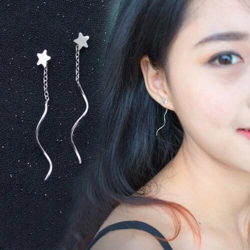 MloveAcc Real 100% 925 Sterling Silver Star Wave Chain Drop Earrings Women Fashion Silver Earrings Jewelry