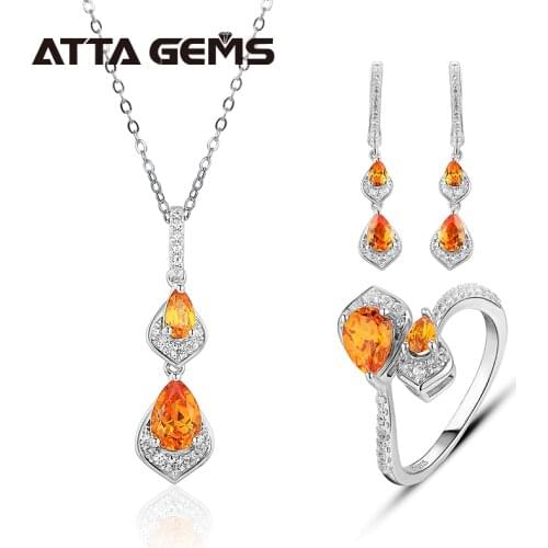 Orange Sterling Silver Jewelry Set Created Orange Sapphire Unique Gemstone Pear Shape Womens Wedding Engagement Jewelry Set
