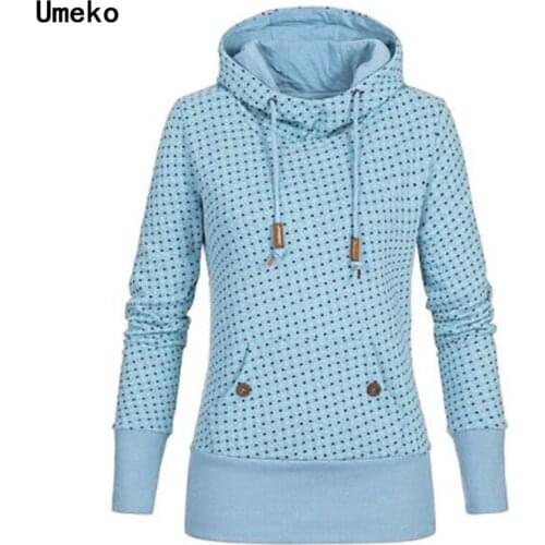 Umeko 2020 New Autumn and Winter Womens Fashion Sweatshirt Hoodies Dots Print Casual Scarf Collar Hooded Pockets Pullover Tops