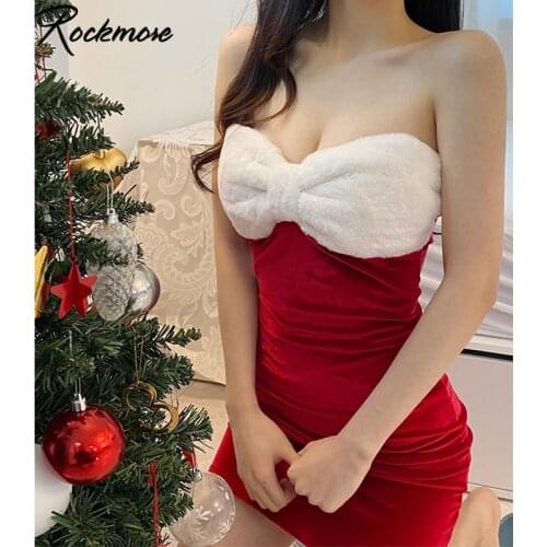 Rockmore Furry Bow Strapless Bodycon Mini Dresses Women Red sleeveless Chest wrapping Dress Skinny Beach Party Boho Streetwear