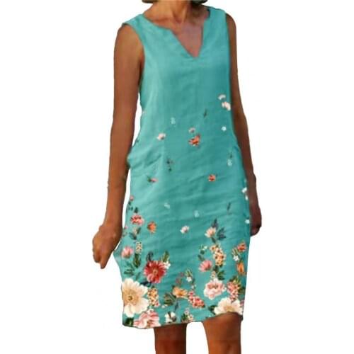 Summer Women Dress V Neck Floral Print Sleeveless Loose Knee-length loose Dress for Work Street wear Green xxxl vestidos 2021