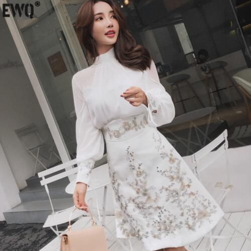 [EWQ] Elegant rugod beads womanly dress embroidered high waist chiffon dress vintage royal hollow out charming female