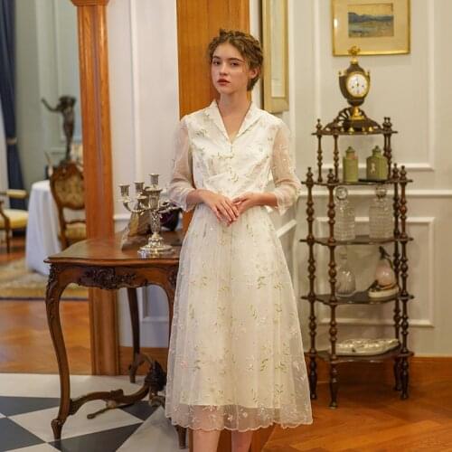 Spring Summer Women Vintage Elegant White Long Dress Ladies Retro Casual Formal Mori Girls Exquisite Embroidery Mesh Midi Dress