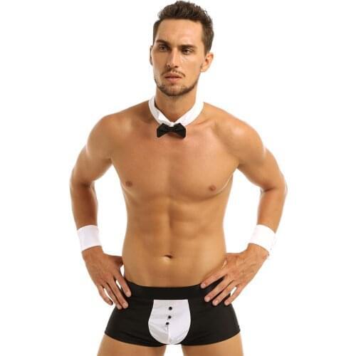 3Pcs Sexy Mens Waiter Lingerie Suit Clubwear T-Back Tuxedo Costume String Homme Thong Jockstraps Underwear with Bow Tie Collar