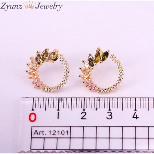 5Pairs, Fashion Women Earrings Gold Color Micro Pave Zircon Circle Stud Earrings Colorful Jewelry Series