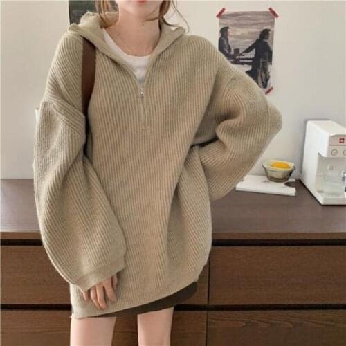 Design Sense Niche Half Zipper Foreign Style Sweater Women Winter 2021 New Loose Outer Wear Mid-Length Coat Jacket