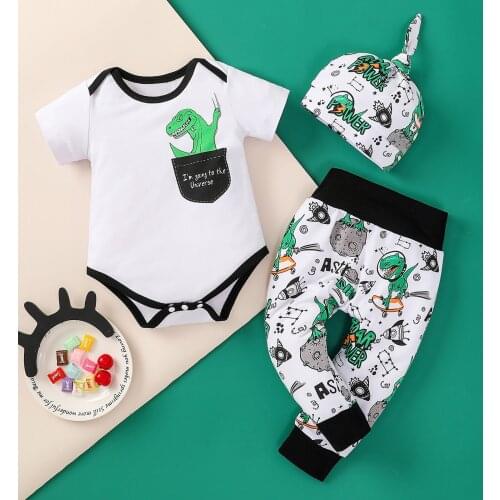 Infant Baby Boys Cartoon Dinosaur Outfits Summer Short Sleeve Bodysuit Pants Hat Sets Toddler Newborn Clothing Boy Outfit Set