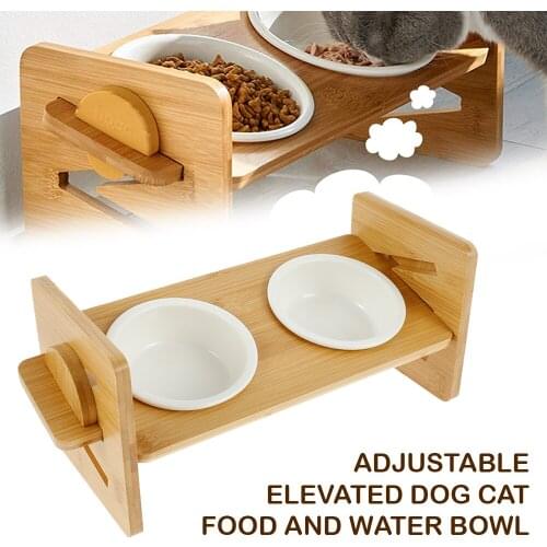 Double Dog Bowls Pet Puppy Ceramic Plates Adjustable Wooden Rack Food Water Bowl Feeder Pet Cats Feeding Dishes Pet Products
