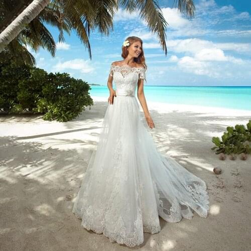 Elegant Off the Shoulder Half Sleeves Crystals Belt A-line Boat Neckline Applique Tulle Bride Gowns