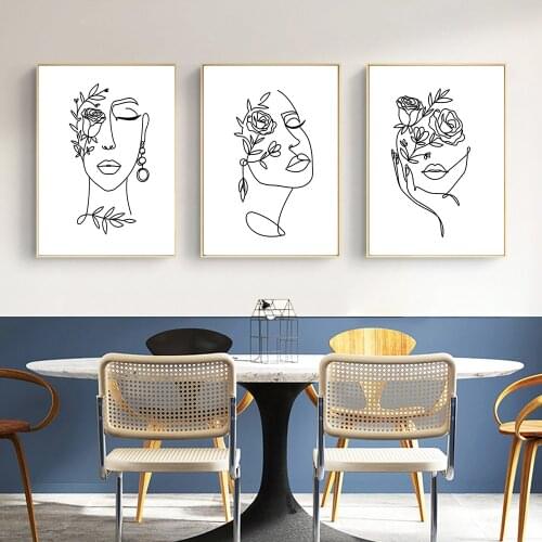Elegant Women Face Illustration One Line Art with Flowers Minimalist Posters Prints Wall Pictures for Living Room Home Decor
