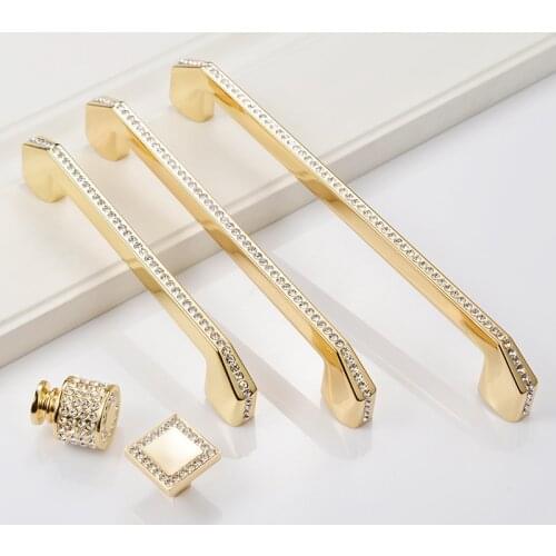 European Luxury Diamond Crystal Handle Bright Gold Zinc Alloy Kitchen Cabinet Knob and Handles Drawer Knobs Hardware