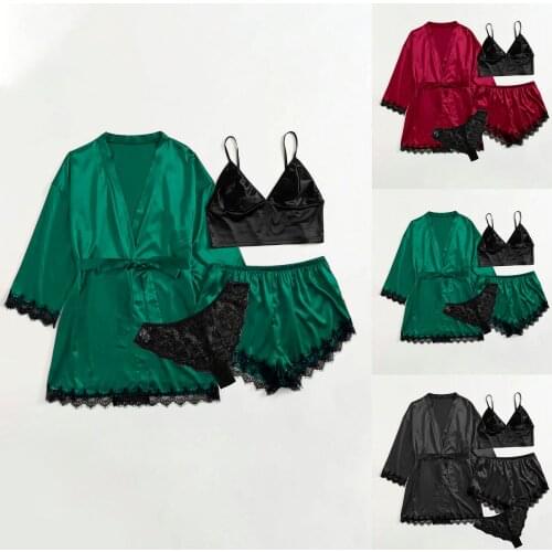 4 Pieces Robes Casual Solid Bathrobe Women Silk Lace Patchwork Pajamas Set Wedding Dress Summer Bra +Camisole +Shorts +Thong Set